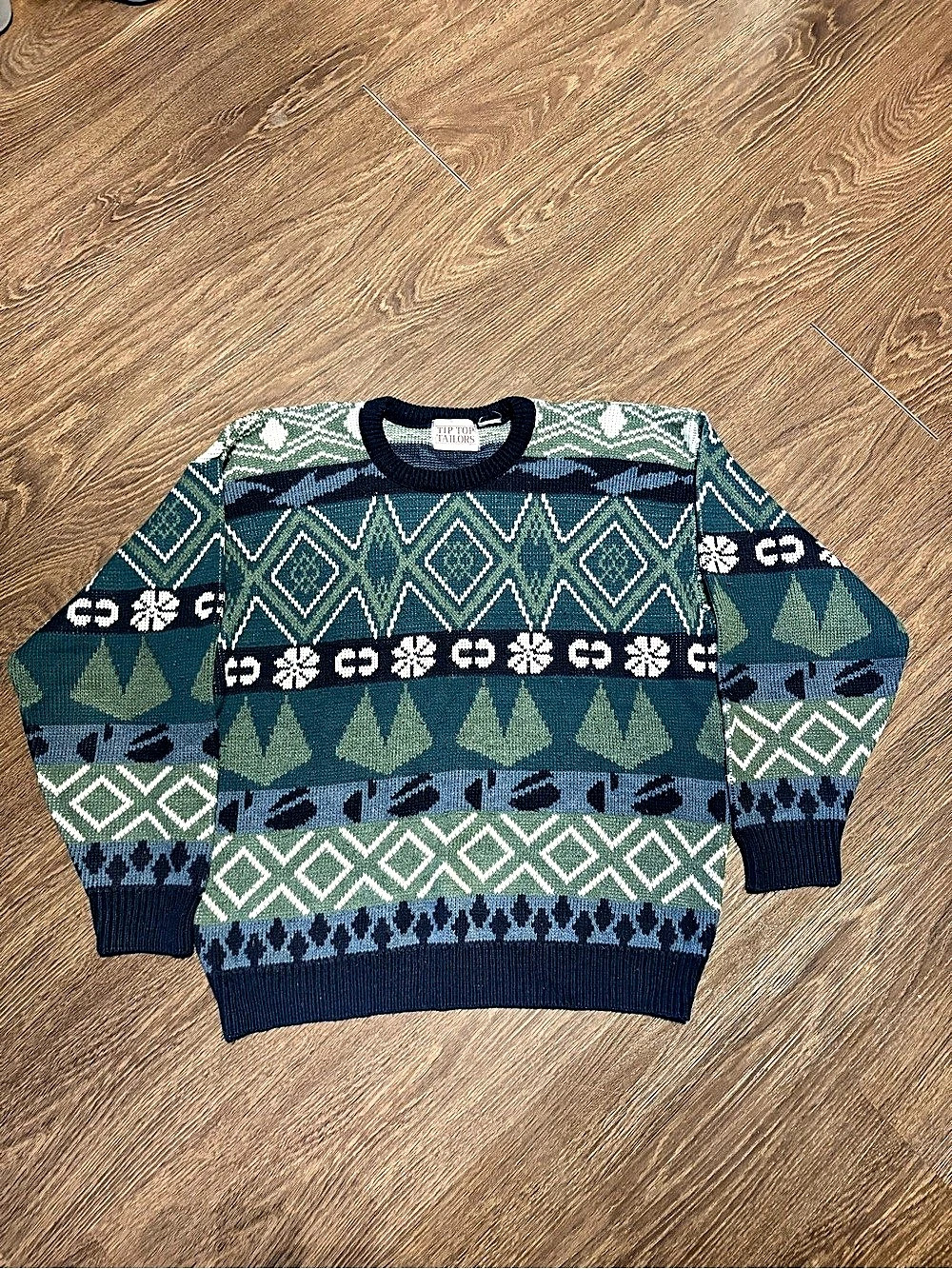 Tip Top Tailors Vintage 90s Geometric Knit Crewneck Sweater Green & Blue